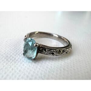 Vintage Sterling Silver Marcasite Ring with Oval Light Blue Stone – Size 7.75–8